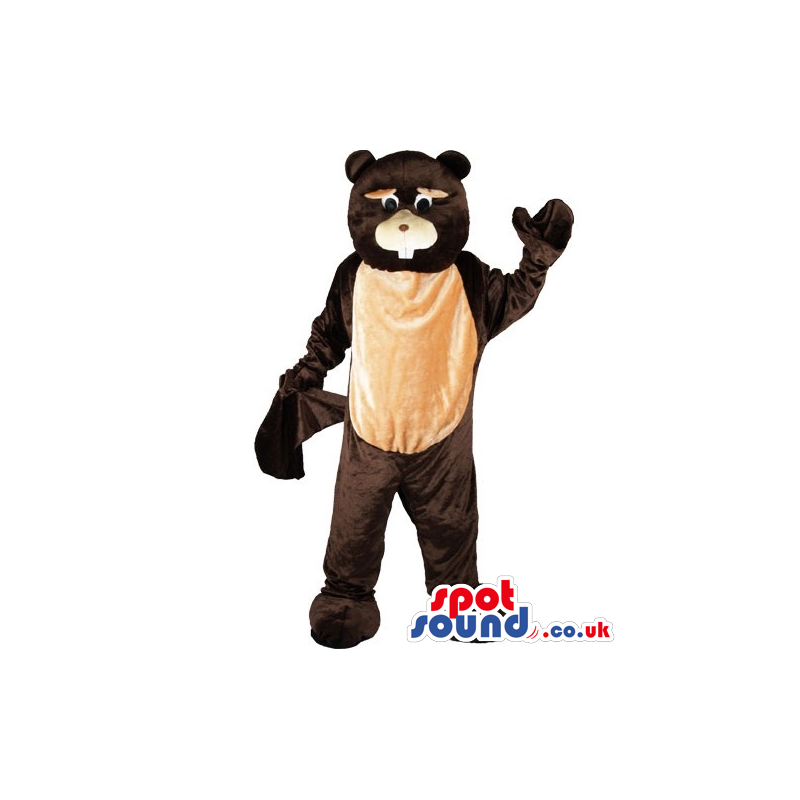 Dark and light brown beaver mascot with tail and white teeth -