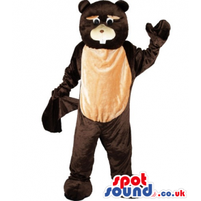 Dark and light brown beaver mascot with tail and white teeth -