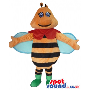 Orange and black bee with blue wings wearing green boots -