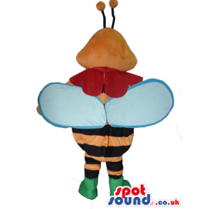 Orange and black bee with blue wings wearing green boots -