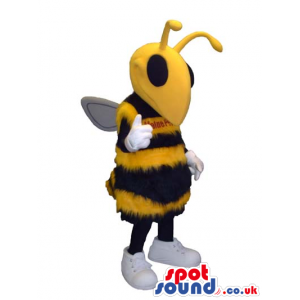 Black and yellow bee mascot with yellow antennaes and white
