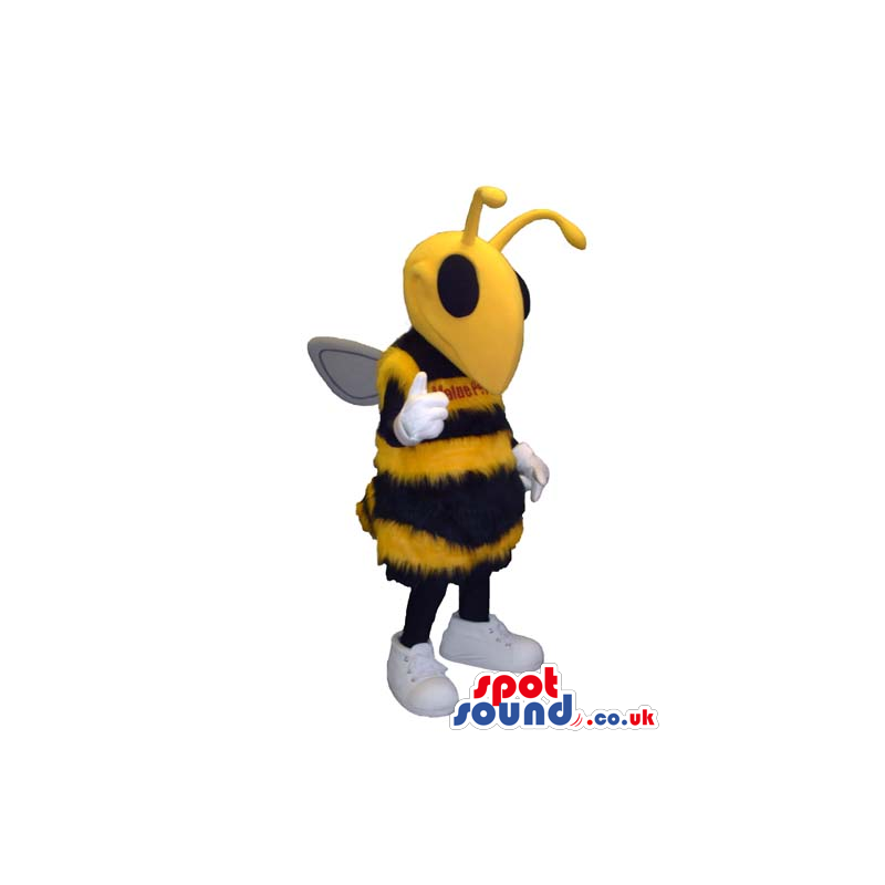 Black and yellow bee mascot with yellow antennaes and white