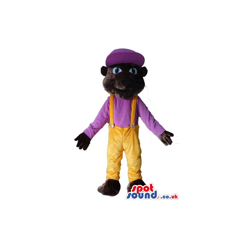 Brown monkey wearing yellow trousers and a purple t-shirt and