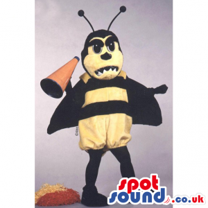 Black and yellow bee mascot with black antenna and megaphone -