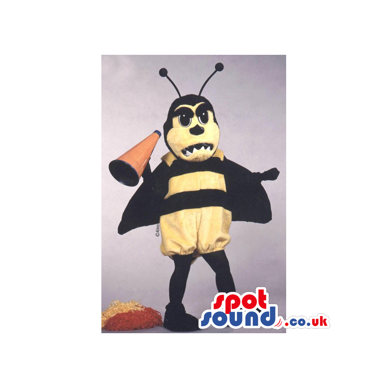 Black and yellow bee mascot with black antenna and megaphone -