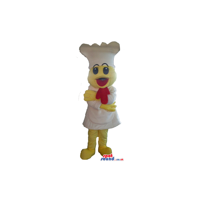 Yellow chicken wearing white cook's clothes - Custom Mascots