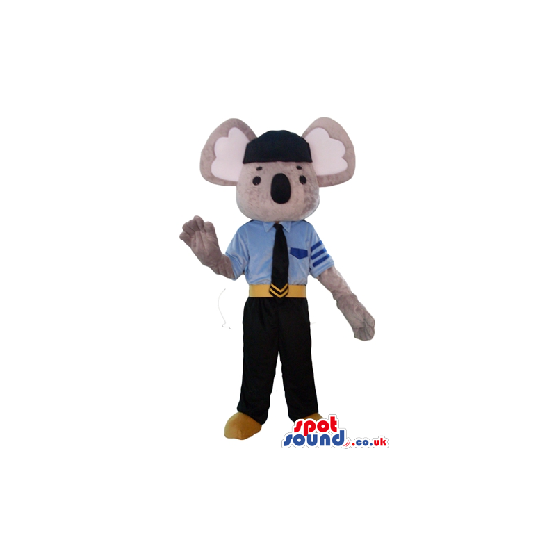 Beige mouse dressed as a pilot with black trousers, blue shirt