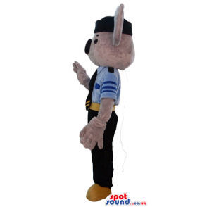 Beige mouse dressed as a pilot with black trousers, blue shirt