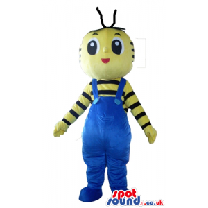 Yellow bug wearing a striped yellow and black shirt and blue