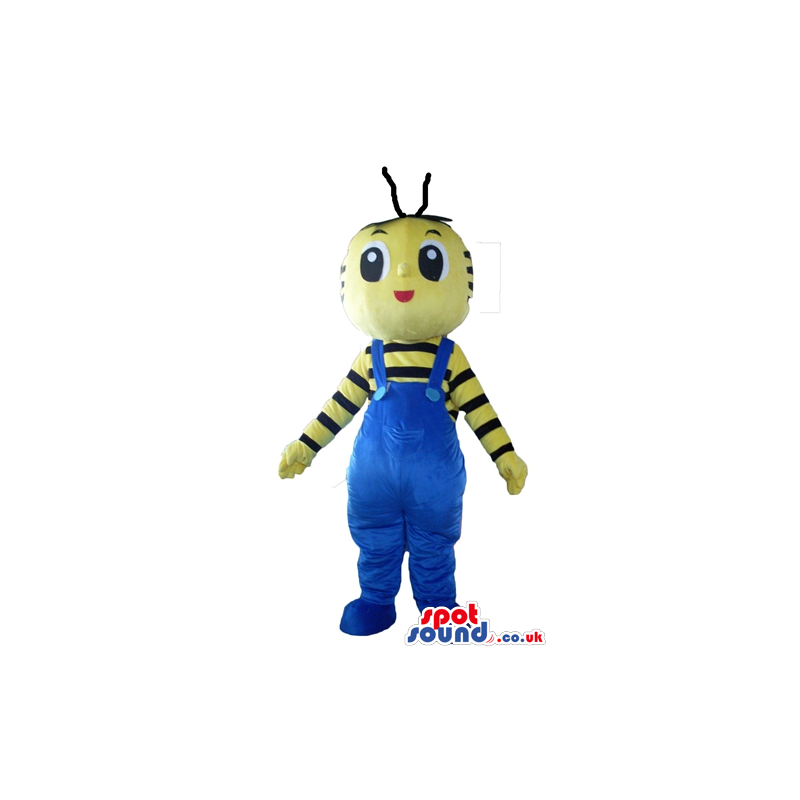 Yellow bug wearing a striped yellow and black shirt and blue