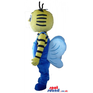 Yellow bug wearing a striped yellow and black shirt and blue