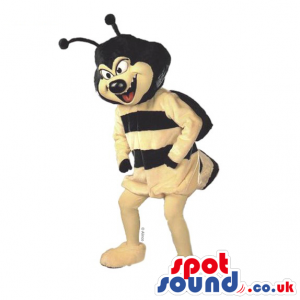 Black and yellow bee mascot with black antennaes and yellow