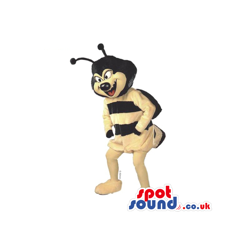 Black and yellow bee mascot with black antennaes and yellow