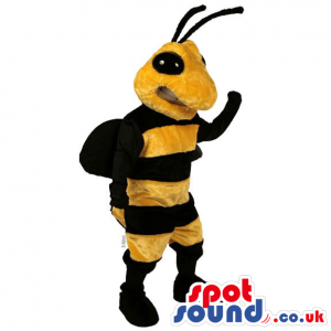 Black and yellow bee mascot with black antennaes and black legs