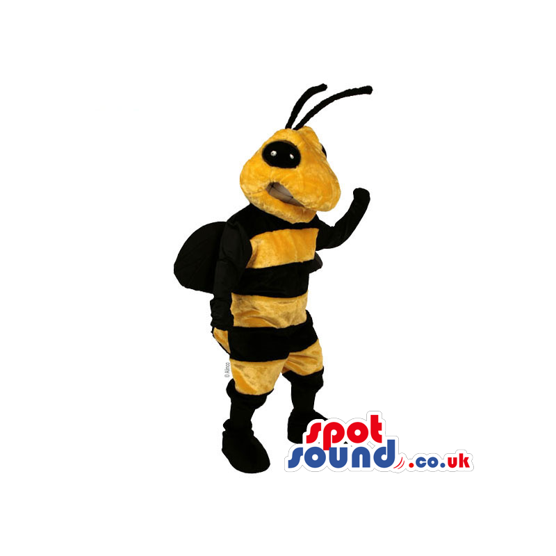 Black and yellow bee mascot with black antennaes and black legs