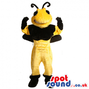 Muscular bee mascot with black upper body and yellow abs
