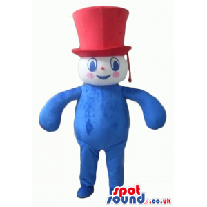 boy with blue body, arms and legs wearing a big red top hat -