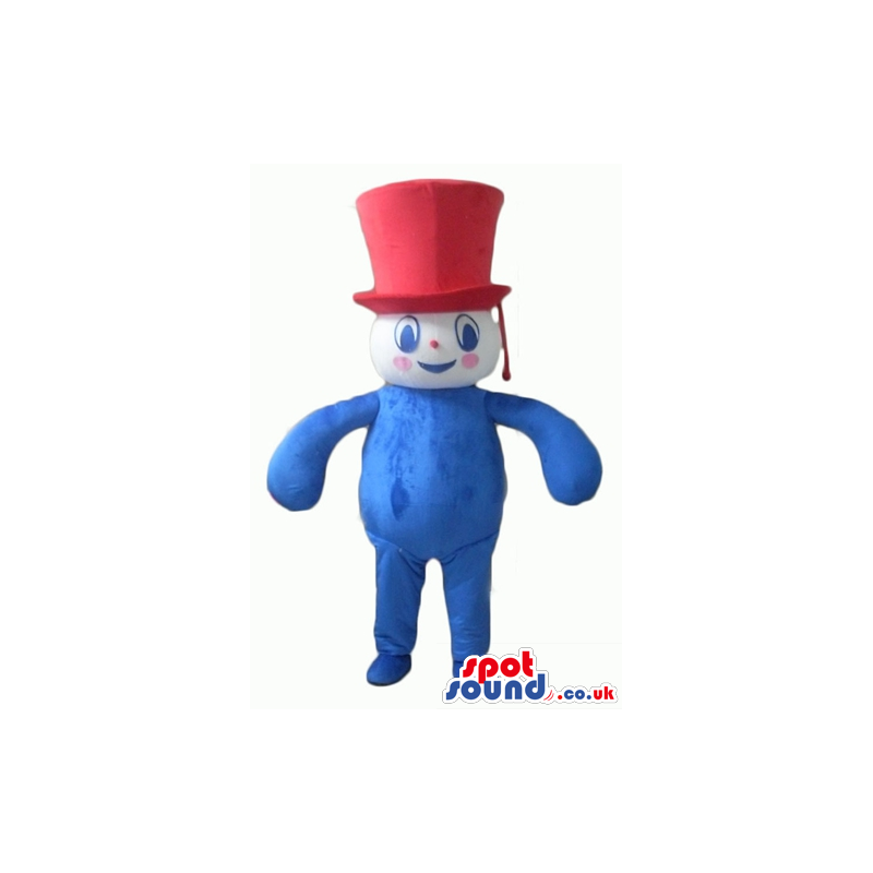 boy with blue body, arms and legs wearing a big red top hat -