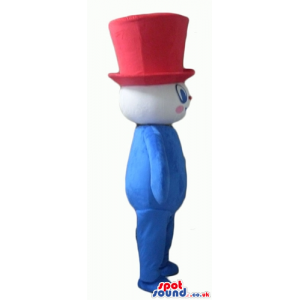 boy with blue body, arms and legs wearing a big red top hat -