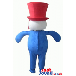 boy with blue body, arms and legs wearing a big red top hat -