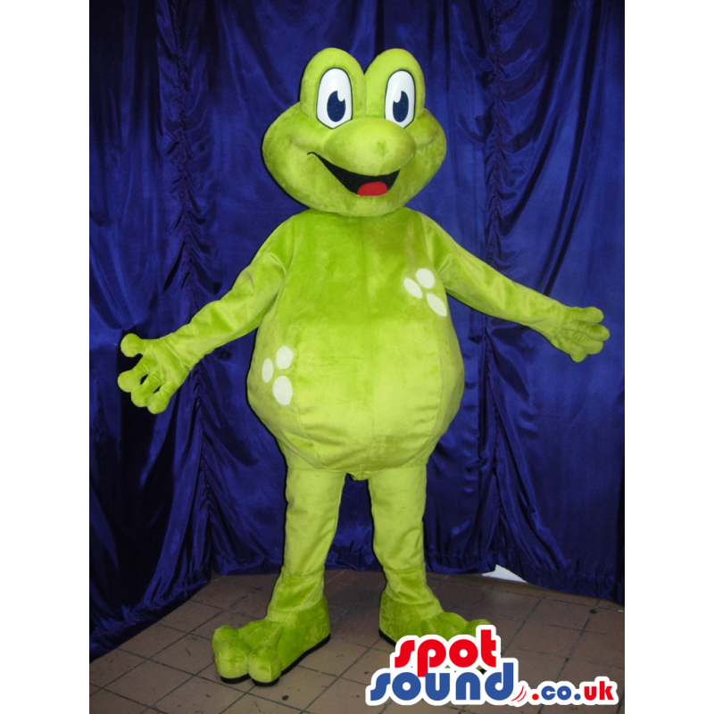 Green happy frog mascot with big blue eyes and adorable smile -