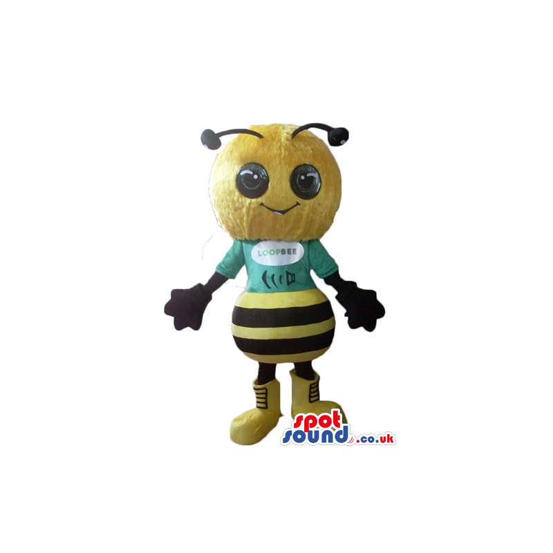 Large headed bee wearing a green t-shirt with logo in the front