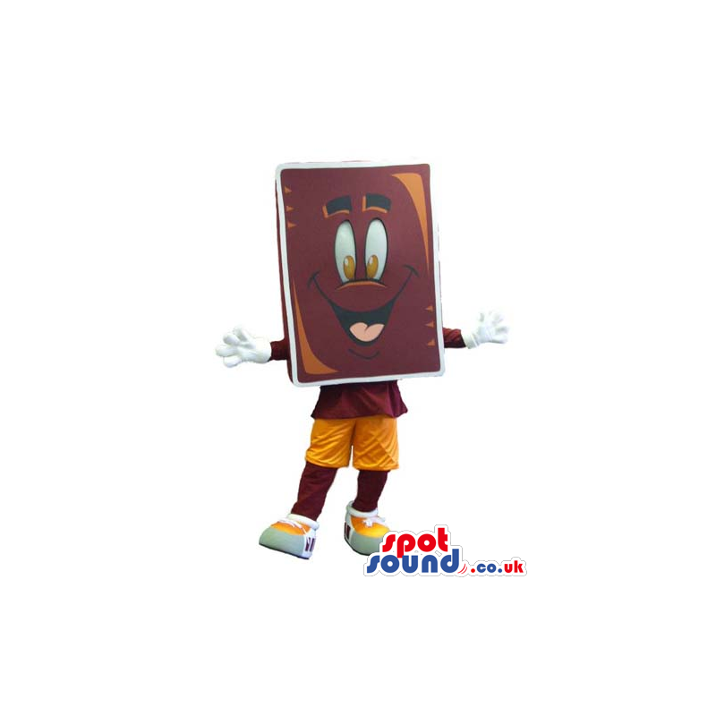 Happy brown chocolate mascot with brown shirt and yellow