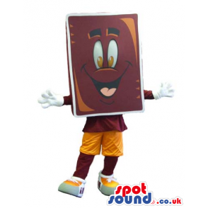 Happy brown chocolate mascot with brown shirt and yellow