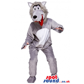 Grey wolf mascot with black eyes and nose and white teeths -