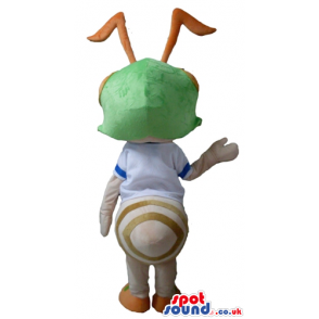 White martian with orange feet and antennae wearing a green and