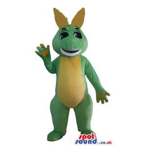 Green and yellow dino with big black eyes - Custom Mascots