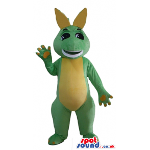 Green and yellow dino with big black eyes - Custom Mascots