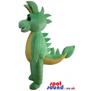 Green and yellow dino with big black eyes - Custom Mascots