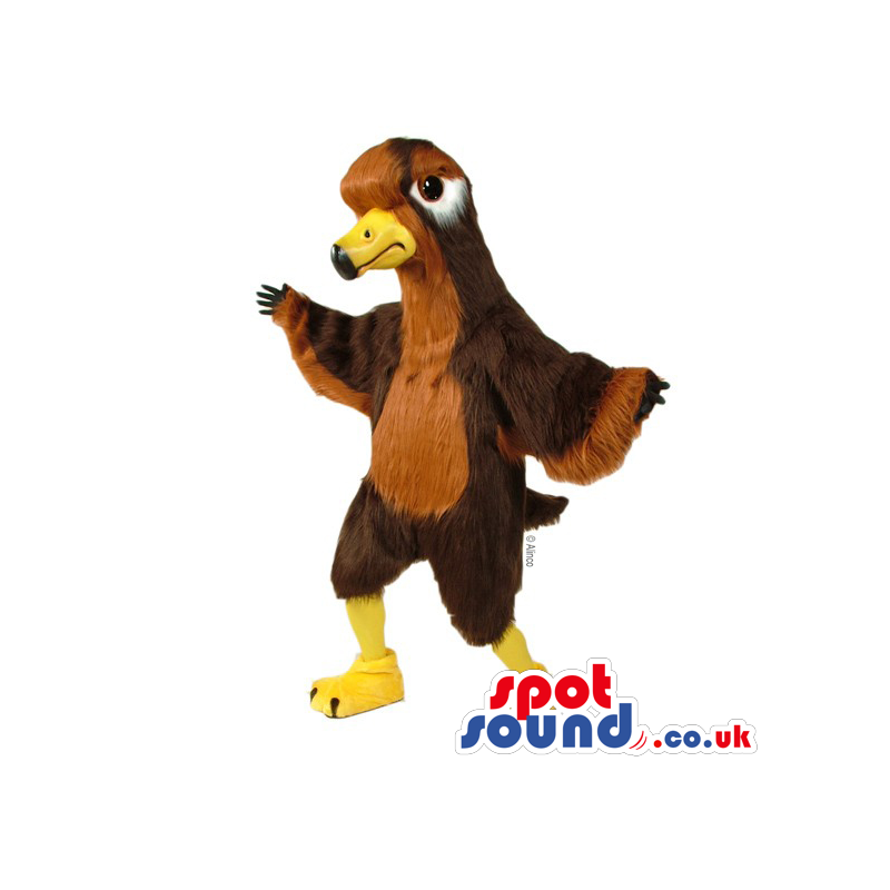Brown and light brown eagle mascot with yellow beak and legs -