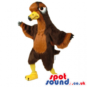 Brown and light brown eagle mascot with yellow beak and legs -