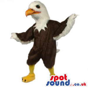 White and brown eagle mascot with wings, yellow beak and legs -