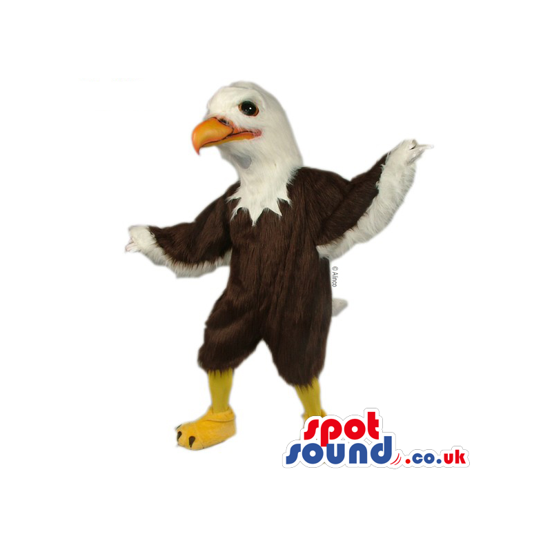 White and brown eagle mascot with wings, yellow beak and legs -