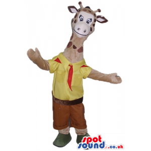 Giraffe wearing a yellow shirt, brown trousers, green shoes and