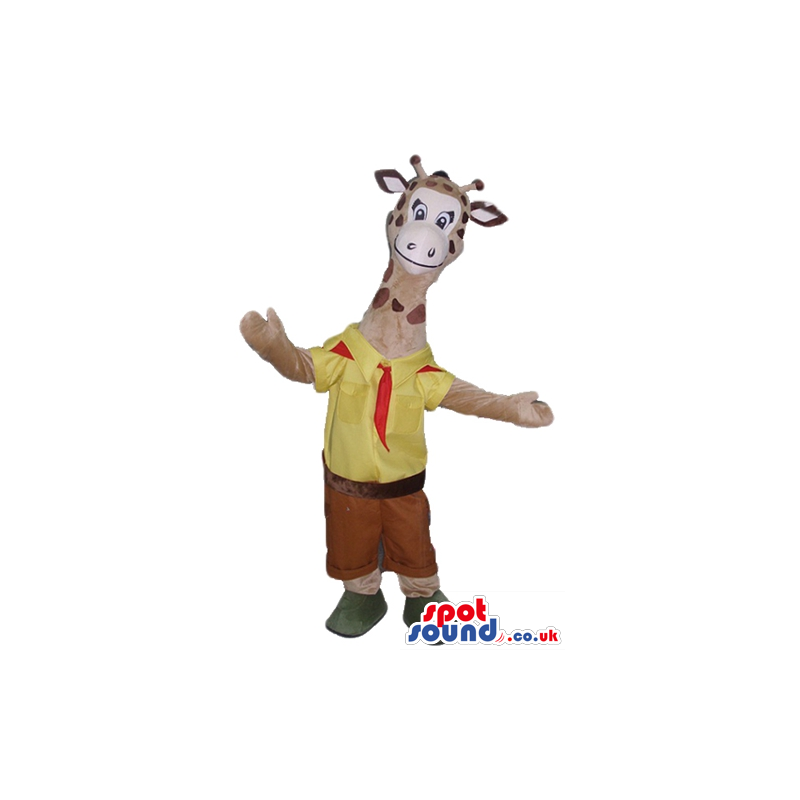 Giraffe wearing a yellow shirt, brown trousers, green shoes and