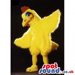 Yellow bird mascot with big and stunning beak and blue eyes -