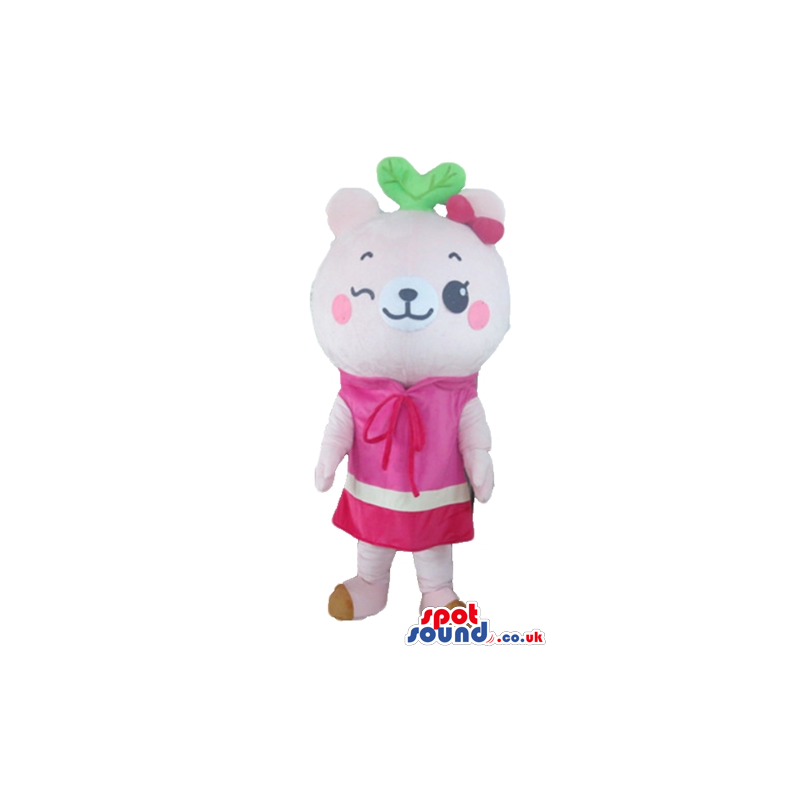 Pink female bear wearing a pink and white dress, a pink bow and