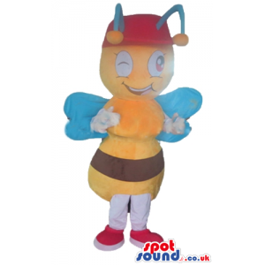 Bee with blue wings wearing a red cap and red shoes - Custom