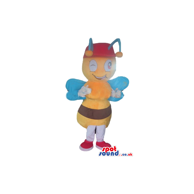 Bee with blue wings wearing a red cap and red shoes - Custom