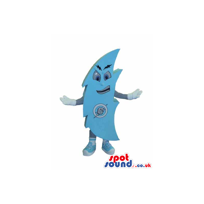 Lightning mascot with bright, blue body and electrifying face -