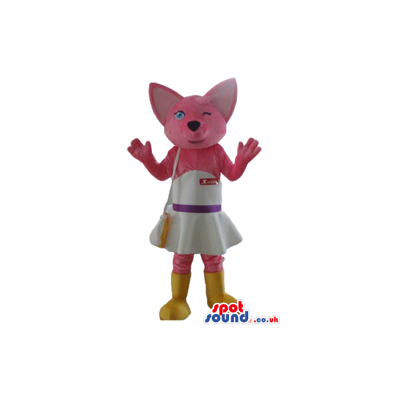 Pink cat wearing a white and pink dress, a matching bag and