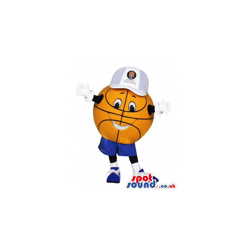 Basketball ball mascot with blue outfit and awesome smile -