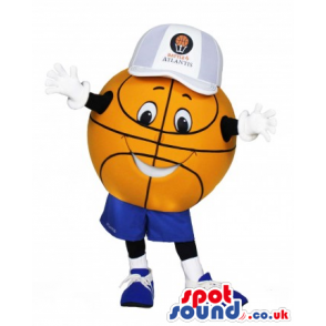 Basketball ball mascot with blue outfit and awesome smile -