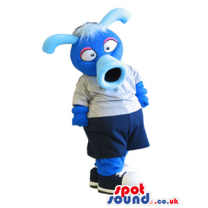 Big blue anteater mascot with unusual and funny appearance -