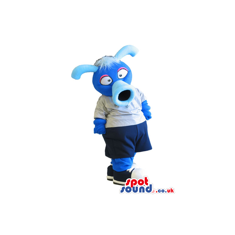 Big blue anteater mascot with unusual and funny appearance -