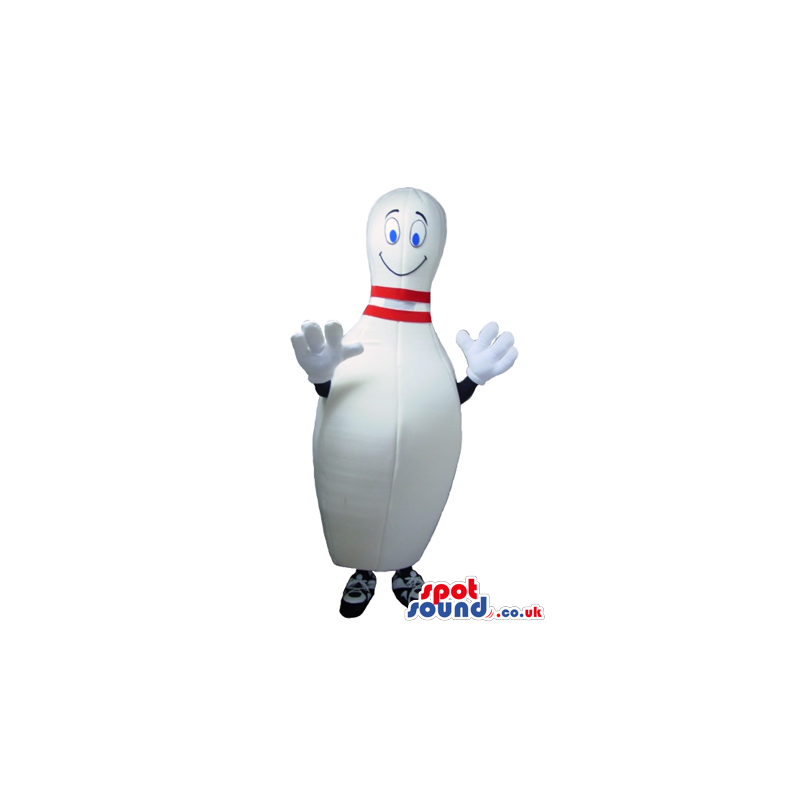 Smiling bowling pin mascot with two red stripes and black shoes